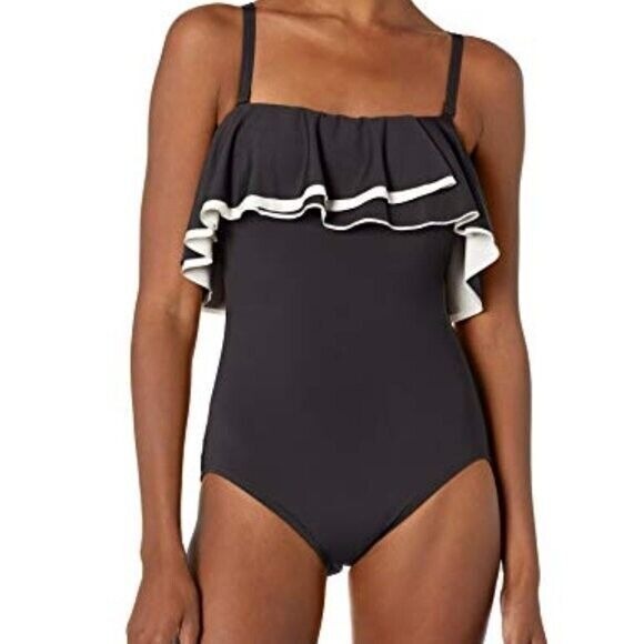 COCO REEF Agate Ruffled Off‎ Shoulder Slimming One Piece Black 14 38D NEW - Picture 3 of 4